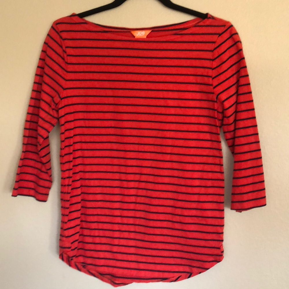 Red and blue striped boat neck top